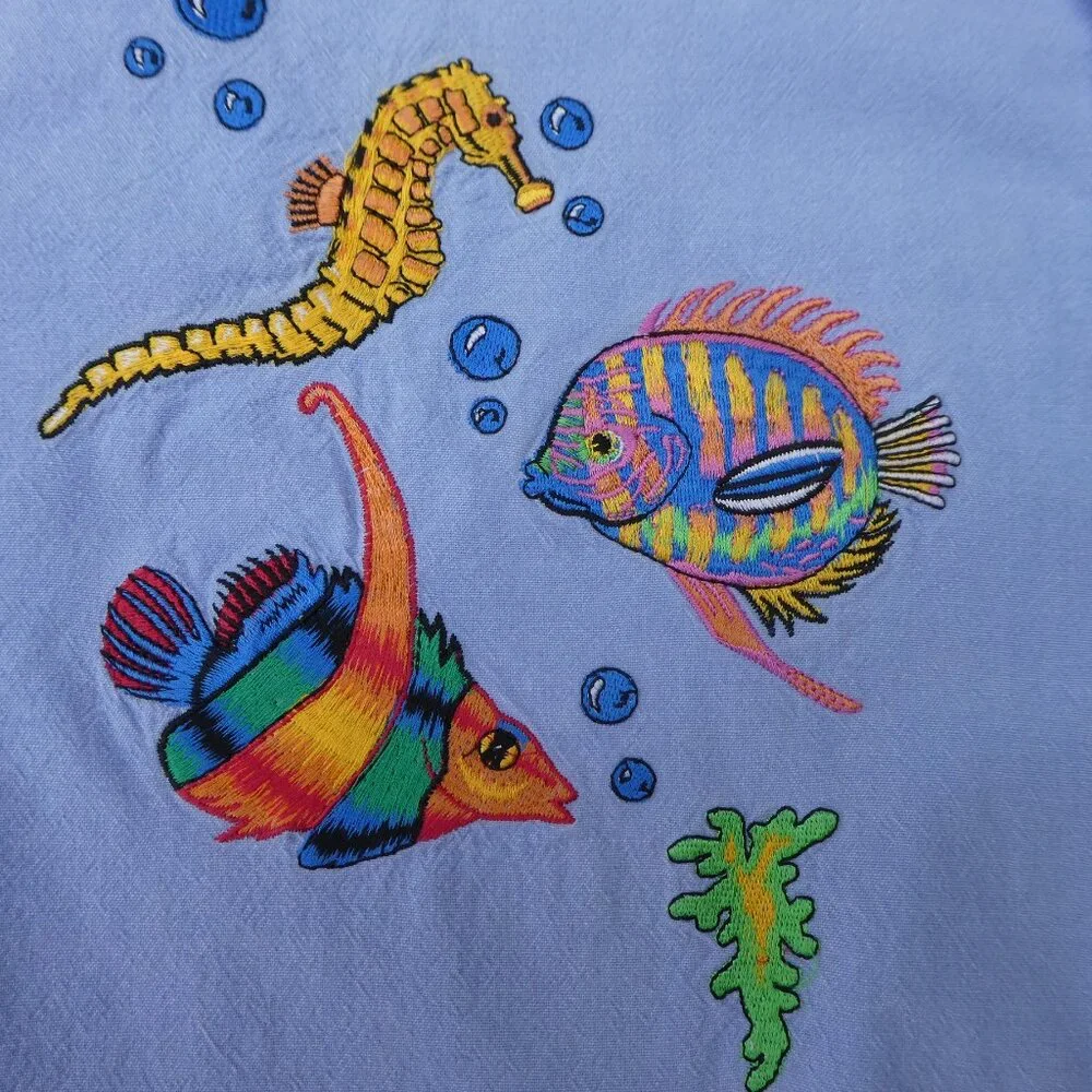 Vintage Casey Coleman Embroidered Shirt Sea Aquarium Light Blue Seahorse Fish XL